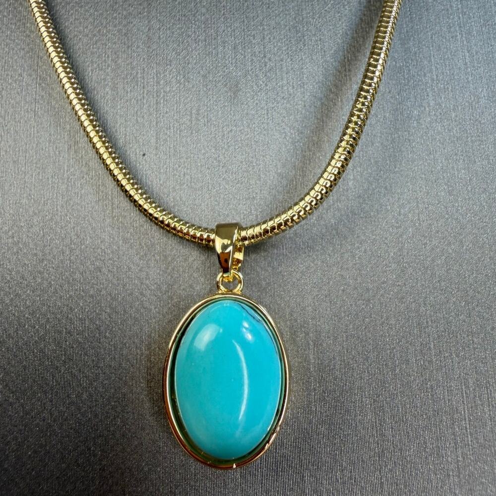 Stainless Steel Turquoise Pendant Necklace Gold Tone Waterproof 20" Chain New - Picture 2 of 14